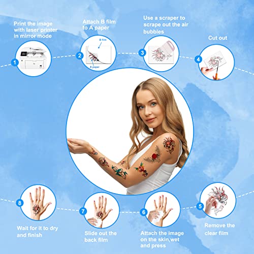 MECOLOUR Printable Temporary Tattoo Paper for LASER Printer,8.5"X11" 30 Sheets, DIY Image Transfer Decal Paper for Skin