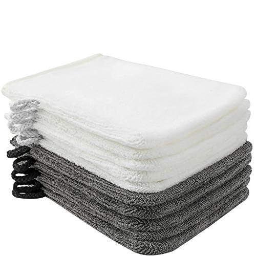 PHOGARY 10 Pack Microfiber Body Wash Mitts, Soft Face Mitten, Bath Spa Cloth, Reusable Makeup Remover Mitt Gloves, European Style Wash Cloth, 6¡¿8 inch, White and Grey