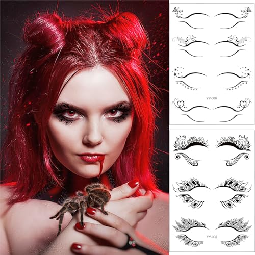 Halloween Eyeliner Stickers, 8 Sheets Makeup Temporary Tattoo Black Eye Shadow Stickers Waterproof Face Eye Art Decor for Masquerade Carnival Cosplay Dancing Ball Party Decals Prank Props