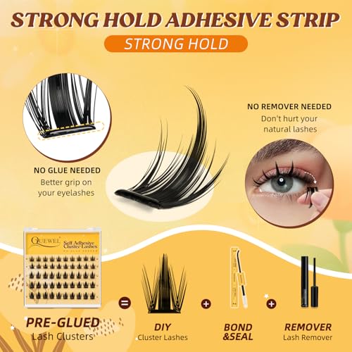 QUEWEL Self Adhesive Lash Clusters Kit, Pre Glued Eyelashes Clusters, 10-16MM Strong Hold Self Adhesive Eyelashes,D Curl Press On Lashes No Glue Needed DIY Lash Extensions Kit at Home(MJ10)