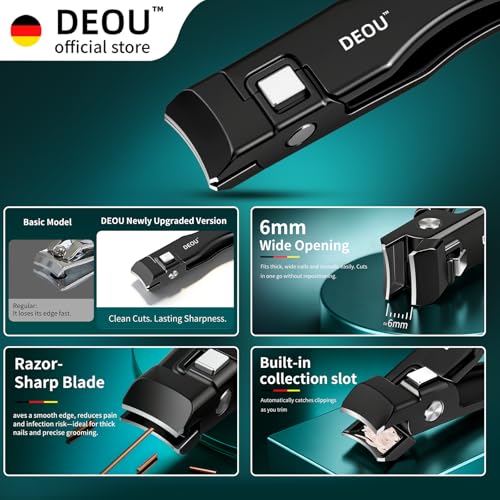 DEOU Nail Clippers Set, Stainless Steel Manicure Kit for Thick Hard Ingrown Nails, Anti-Splash with Nail File, Portable Keyhole Design, Gift Box for Home Travel (Black, Diagonal Cut + Straight Cut)