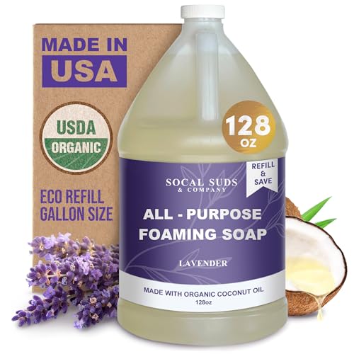 SoCal Suds & Company 128oz Certified Organic Foaming Hand & Body Wash - Gentle Natural Body,Baby & Face Wash for Sensitive Skin, Moisturizing Soap, Hand Soap and More - Lavender