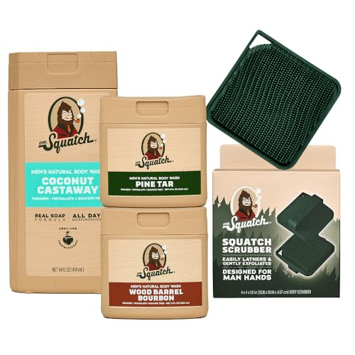 Dr. Squatch NEW Body Wash for Men with Nourishing, Natural Ingredients | No Paraben, Phthalate, Sulfate | Coconut Castaway (14 oz), Wood Barrel Bourbon & Pine Tar (8 oz, 2-Pack) & Body Scrubber
