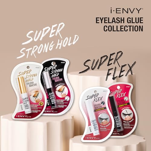 i?ENVY Super Strong Hold Eyelash Adhesive, Waterproof, 48-Hour Long-Lasting Lash Glue, Latex-Free, Hypoallergenic, Quick-Drying with Brush-On Applicator for Strip Lashes (Black, 6 Pack)