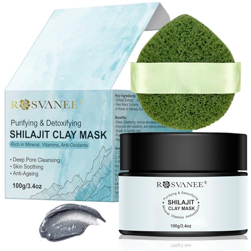 Detox Clay Face Mud Mask with Shilajit, Sunflower Oil, Tea Tree & Charcoal, Deep Purifying Cleansing Mask for Blackheads and Pores, Skin Soothing & Anti aging, Come with A Facial Sponge