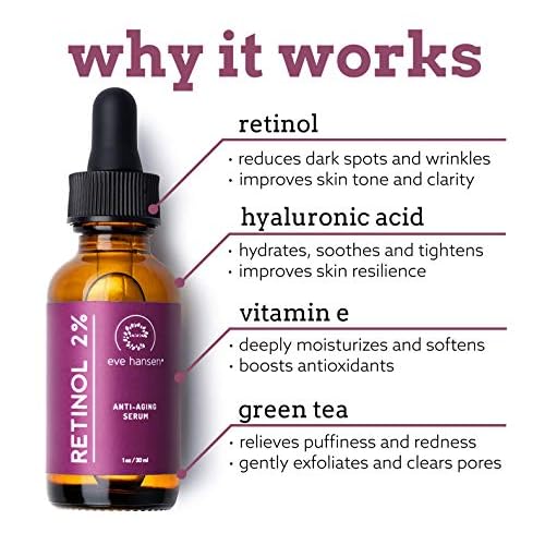 Eve Hansen Anti-Aging Retinol Serum for Face | Anti-Wrinkle Serum with Vitamin A, E, and Hyaluronic Acid | Acne Scar, Pore Minimizer Cruelty Free 2% Organic Retinol Night(1 oz)