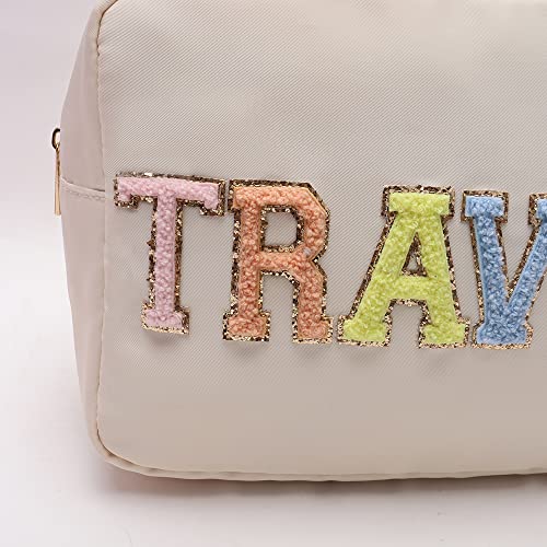 Extral Large Cosmetic Bag Makeup Pouch Bag Case Nylon With Chenille Letter Patches (Beige#TRAVEL, XL)