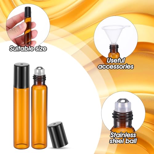 100 Pcs Essential Oil Roller Bottles 10ml Empty Glass Roller Bottles with Stainless Steel Balls Protection Leakproof with 5 Funnel for Travel Perfume Lip Gloss (Brown)