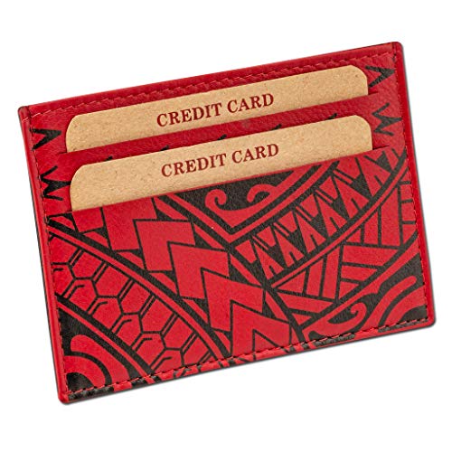 Polynesian Tattoo Leather Credit Card Holder Super Slim Wallet "Hiku" with Tribal Tattoo art by Eugene Ta¡¯ase (Red) from NAKOA
