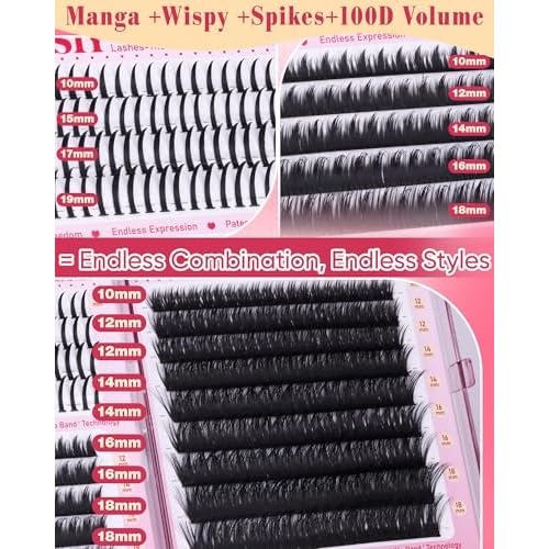 SIY Lash Clusters with Spikes Manga Volume Individuals DIY Lash Extension 100D Eyelash Extension 10-19MM Anime D-Curly 3D Look Thick Eyelash Clusters by Newcally