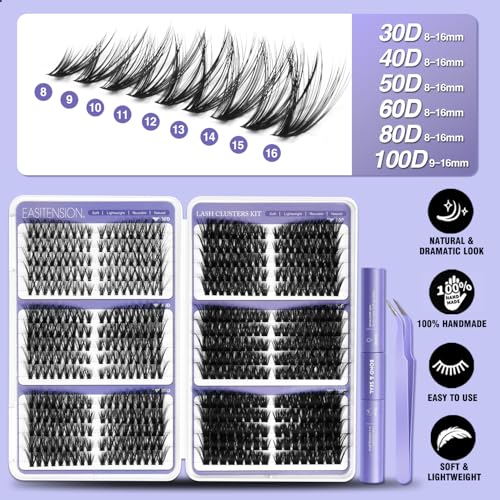 DIY Lash Clusters Kit Pre Mapped 30-100D Volume Eyelash Extension Kit 8-16mm Thick Individual Lashes 530 pcs with Lash Bond and Seal, Lash Tweezers, Super Thin Band Eyelashes