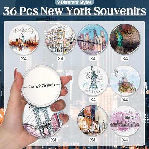 36 Pcs New York Souvenir Gifts for Women NYC Travel Makeup Mirror Bulk Mini Round Pocket Compact Mirror New York Travel Gift for Birthday Party Favors Trip Journey Gifts, 9 Styles