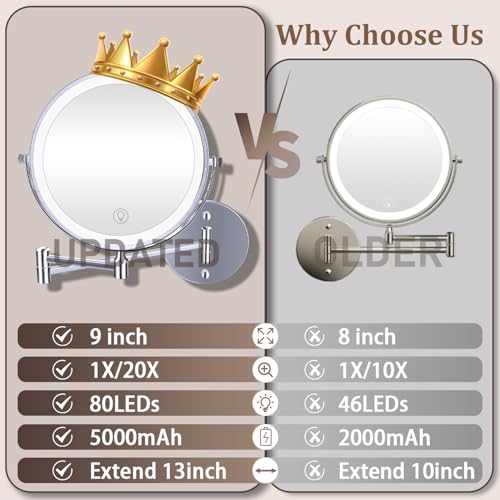 9inch Wall Mounted Makeup Mirror with Lights, 1x/20x 5000mAh Rechargeable Magnifying Mirror with Light, 360¡Æ Rotate Bathroom Mirror with Lights, 3 Color, 80 LEDs, Stepless Dimmable