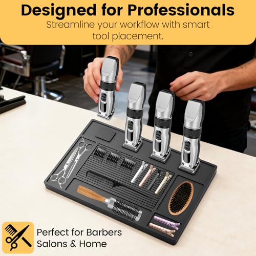 Magnetic Barber Mat for Clippers - Professional 4-Slot Tool Organizer Station with Strong Magnet, Non-Slip Flexible Silicone Mat for Barber Shop & Salon Accessories