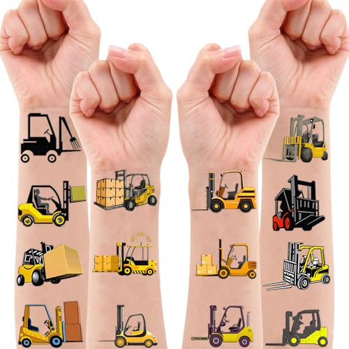 100 PCS Forklift Construction Temporary Tattoos Themed Birthday Party Supplies Decorations Favors Decor Dump Truck Crane Excavator Tattoo Stickers Gifts For Game Boys Girls Classroom School Prizes