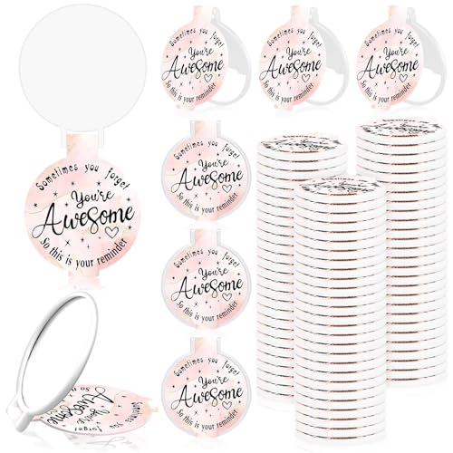 Huwena 100 Pcs Compact Mirror Bulk Inspirational Pocket Small Round Portable Folding Makeup Purse Mirror Employee Appreciation Gifts for Christmas Women Girls Coworkers Travel(Pink,Inspirational)