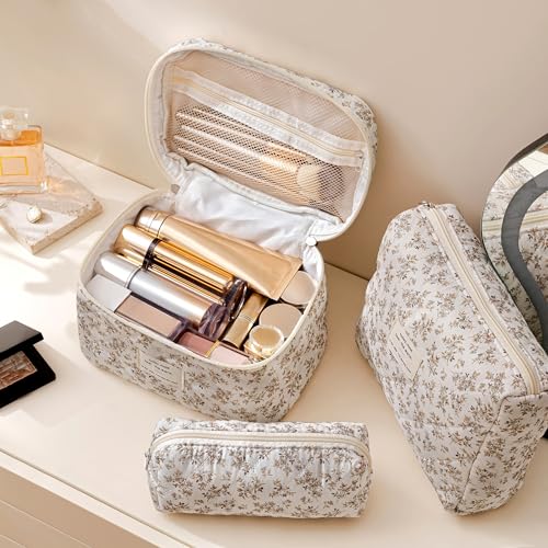 HBselect Quilted Makeup Bag, 3PCS Cotton Large Travel Makeup Bag, Cute Floral Coquette Make up Bag Cosmetic Bag Toiletry Bag for Women Girls