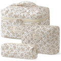 HBselect Quilted Makeup Bag, 3PCS Cotton Large Travel Makeup Bag, Cute Floral Coquette Make up Bag Cosmetic Bag Toiletry Bag for Women Girls