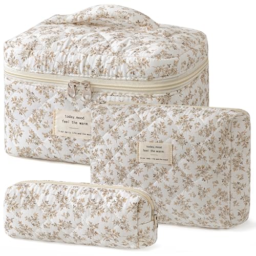 HBselect Quilted Makeup Bag, 3PCS Cotton Large Travel Makeup Bag, Cute Floral Coquette Make up Bag Cosmetic Bag Toiletry Bag for Women Girls