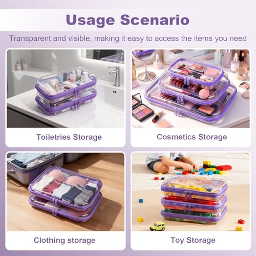 5 Pack Clear Hard Shell Zipper Pouches, TSA Friendly Transparent Design for Toiletries & Electronics, Crush-Resistant Storage for Carry-On Travel (Purple)