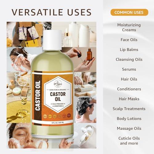ORGANIC CASTOR OIL ( 8 oz ) Premium Cold Pressed Unrefined | 100% Natural Promotes Healthy Skin & Hair | Thickens Eyebrows Lengthens Eyelashes | Strengthens Nails Cuticles | Massage Oil | 8 FL OZ