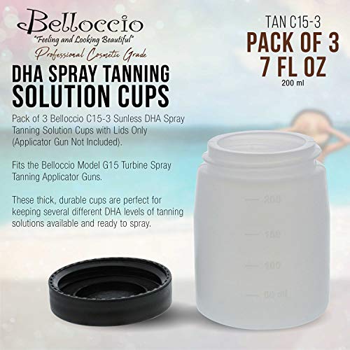 Belloccio C15 Sunless DHA Spray Tanning Solution Cups with Lids (Pack of 3) - 7 oz. Plastic Cups that Fit Belloccio Model G15 Turbine Spray Tanning Applicator Gun - Replacement Jars, Storage Bottles