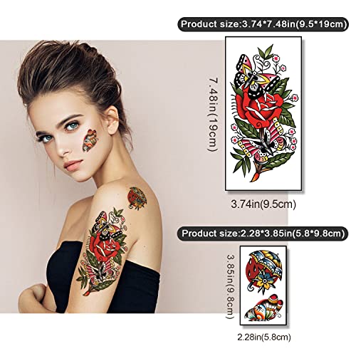77 sheets Classic Temporary Tattoos Adult, Old School Tattoos Stickers, Sailor Jerry Style Fake Tattoo, American Traditional Flower Rose Arm Temporary Tattoos for Women Men Kids