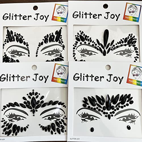 Mermaid Face Jewels - 4-Sheet Black Festival Sticker, Body Rhinestone Gems Rave Rainbow Face Crystals for Halloween, Music Carnival Festival Party Makeup