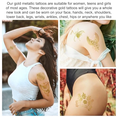 9pcs Gold Temporary Tattoos, 8.3x5.8in Tattoo Stickers Gold Butterfly Star Moon Feather Waterproof Tattoos Stickers for Women Girls Parties Festivals Makeup Cosplay Accessories(Style A)