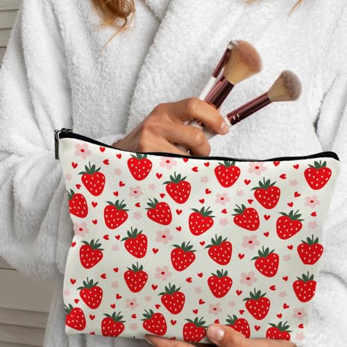 Red Strawberry Makeup Bag Cosmetic Bag, Cute Strawberry Stuff, Strawberry Gifts for Women, Cut Strawberry Small Makeup Bag for Purse (PU)