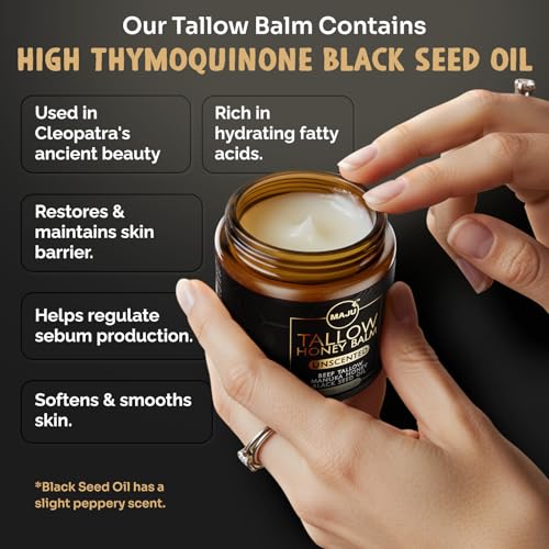 MAJU Beef Tallow Manuka Honey Balm, Unscented (2 oz), Grass-Fed Beef Tallow for Skin with Organic Black Seed Oil, Manuka Honey and Organic Beeswax, Skin and Face Moisturizer for Deep Hydration