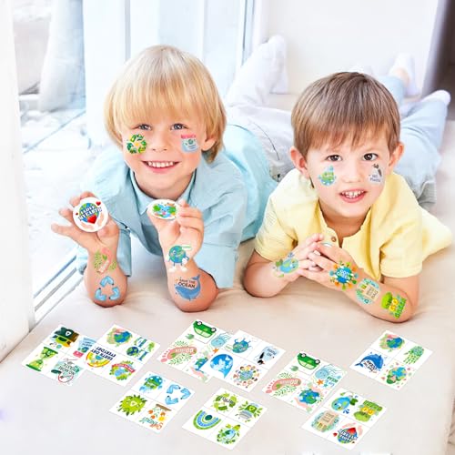 HOWAF 96pcs Earth Day Temporary Tattoos for Earth Day Decorations, Earth Day Tattoo Stickers for Kids, Earth Day Party Favors Environmental Protection Face Tattoos, Blue Green Save Earth Fake Tattoos