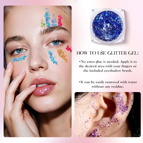 Body Glitter Face Glitter, 12 Colors of Chunky Glitter Gel Holographic for Women, Suitable for Body/Face/Hair/Eyes, Carnival Party