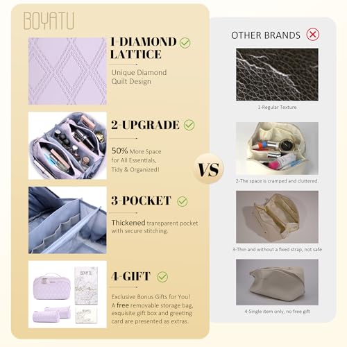 BOYATU Travel Makeup Bag for Women: 3-Piece Quilted Cosmetic&Toiletry Organizer - 2 Detachable Pouches Expandable Storage for Travel Essentials,Opens Flat for Packing,Waterproof PU Leather(Purple)