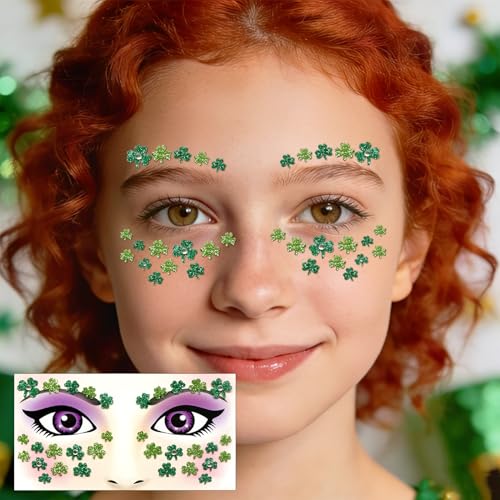 3 Sheets St Patricks Day Face Stickers Glitter Rhinestone Shamrock Face Gems Clover Body Stickers Jewels for Irish Party Favors Parades Accessories St Pattys Day Decorations(gem3)