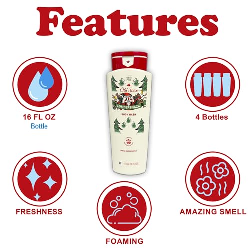 Old Spice Body Wash for Men, 4 Pack, Limited Edition Lumbersnack Pine Tree Scent, Hydrating Formula for Smooth Skin, 24/7 Long Lasting Freshness, 16 oz Each