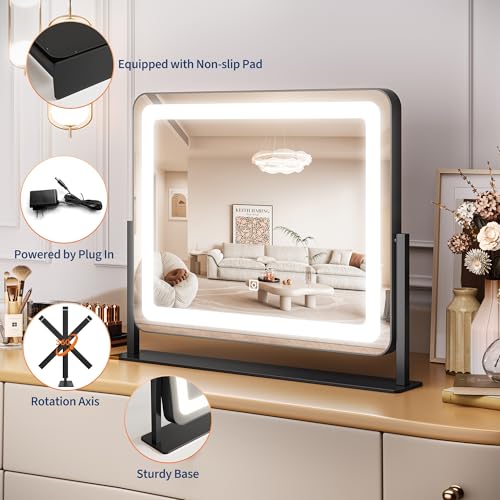 19.6 in x15.7 in Vanity Mirror with Lights, Large Lighted Mirror, LED Makeup Mirror with 3-Color Dimmable Modes and Smart Touch Control, Perfect for Desk or Bedroom, Vanity Desk Tabletop Makeup, White