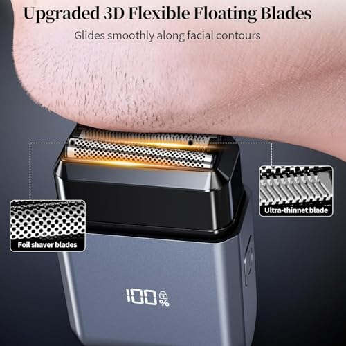 Mini Electric Foil Shaver for Men - 3 Floating Blades, LED Display, USB-C Rechargeable, IPX7 Waterproof, Portable Wet/Dry Razor for Face, Ideal for Travel & Home