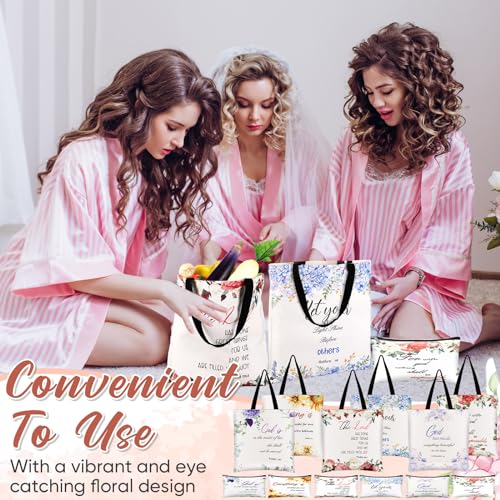 12 Pcs Christian Gift Bible Tote Bags for Women Christian Makeup Bags Bulk Inspirational Religious Floral Canvas Church Bag Reusable Bible Verse Toiletry Pouch for Women Travel Gift