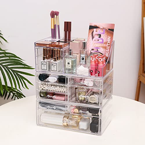 Cq acrylic 3 Pack Clear Make up Organizer Countertop,Stackable 9 Drawers Makeup Storage,Cute Vanity Organizers for dresser Hair Clip,Jewelry,Beauty Product Desk and Bathroom Organizers and Storage
