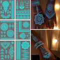 Glow-in Dark Temporary Tattoos Set- 6Sheets Luminous Flower Henna Fake Tattoo Sticker Sexy Lace Henna Waterproof Removable Tattoos for Face Body Night Tattoos Party Supplies Decoration(fluorescence)