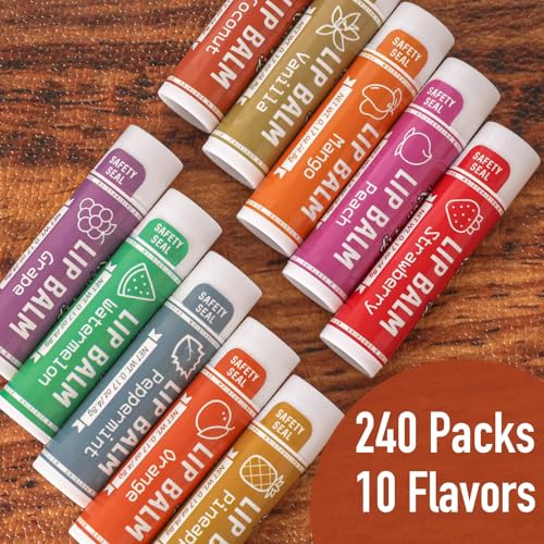 AZEN 240 Pack Lip Balm, Natural Lip Balm Bulk, Lip Care Product, Moisturizing Lip Balms for dry cracked lips, Valentines Gifts Easter Basket Stuffers - 10 Flavors