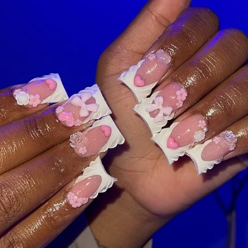 French Tip Press on Nails Handmade Short Duck 3D Floral Thick Acrylic Nails Cute False Nails with Bow Rose Flower Designs White Glossy Fake Nail Sturdy Art Press on Nail 10Pcs(M)