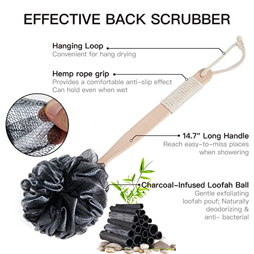 8Pack Bath Brush Set -Shower Loofah Sponge with Long Handled,Natural Loofah Exfoliating Back Scrubber for Shower, Luffa Pouf,Scalp Massager and 4 Hook,Back Scrubber for Shower for Men and Women