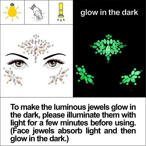 4 Sheets Euphoria Face Gems, 10g Chunky Glitter, Rhinestones Jewels Stickers Glow in The Dark-Luminous Gems Body Makeup for Music Festivals Rave Carnival Cosplay (2Luminous)