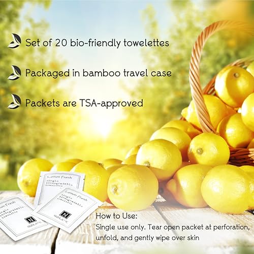 Lemon Fresh Scented Moist Towelettes Single Use by Nabila K - Alcohol-Free, Plant-Based with Natural Ingredients - Individually Wrapped Disposable Travel Size Wipes with Bamboo Case - 20 Count