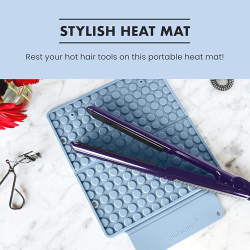 madesmart Portable Silicone Heat Mat, Heat-Resistant Silicone Pad for Straighteners & Curling Irons, Protects Vanity & Countertops, Wrap-Around Travel Design, Blue
