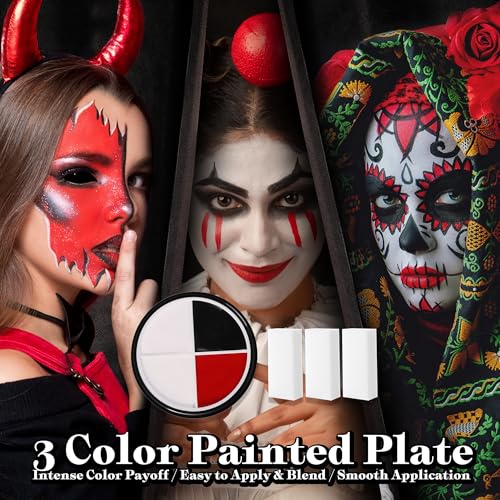 VANERIA Clown Makeup Halloween, Black White Red Cream Face Body Paint for Halloween, SFX Makeup Set with Vampire Teeth & Fake Blood, Clown Art Theater With Brushes