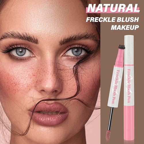 2PCS Liquid Blush Freckle Pen, 2-IN-1 Brown Fake Freckle Stamp & Pink Coral Orange Blush Stick for Cheeks, Waterproof Natural Sunkissed Dewy Cheeks Faux Freckles Face Tattoo Makeup with Puff (01#+02#)