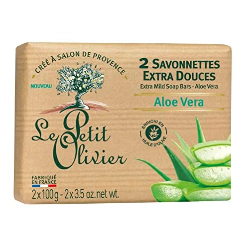 Le Petit Olivier Extra Mild Soap Bars - Aloe Vera - Gently Cleanses Skin - Delicately Perfumed - Vegetable Origin-Based - 2 Pc